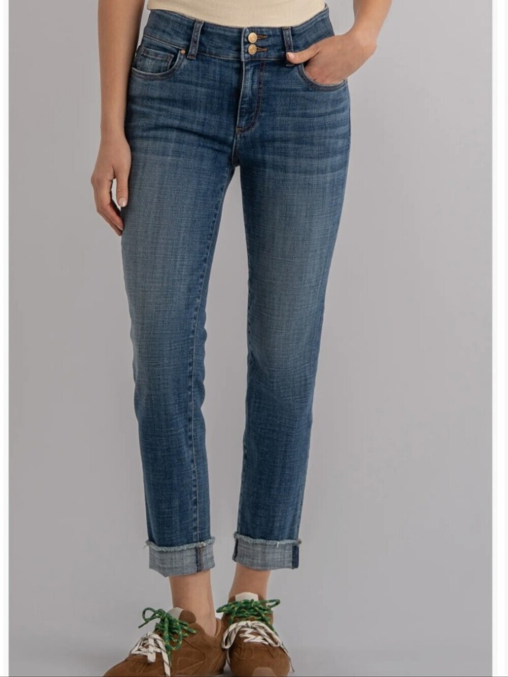 Kut From The Kloth Amy Frayed Mid Rise Crop Slim Straight Leg Jeans Med Wash 6